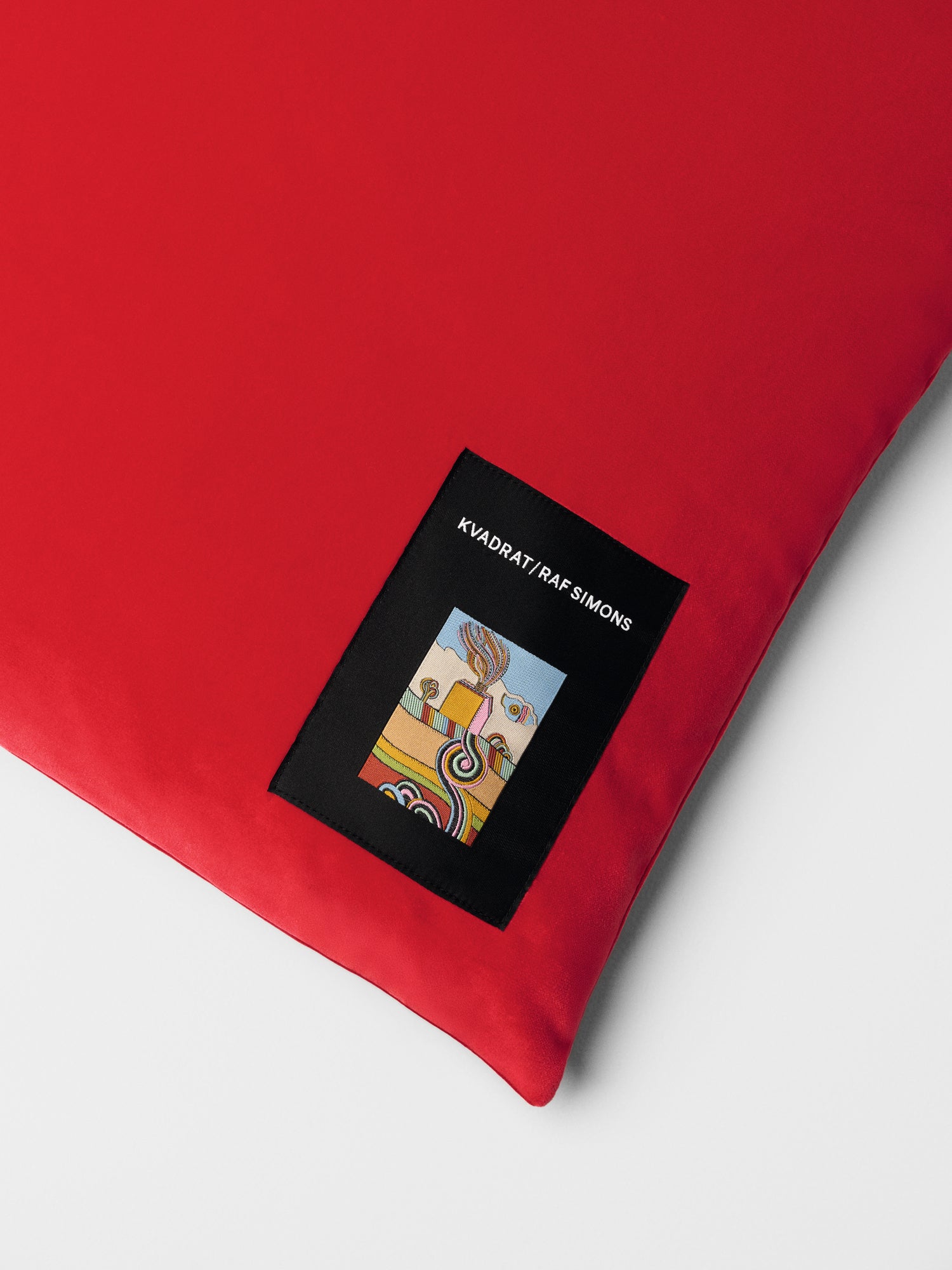 Kvadrat Raf Simons Kids Collection Asator Velvet Cushion in Vermillion Red. Detail image