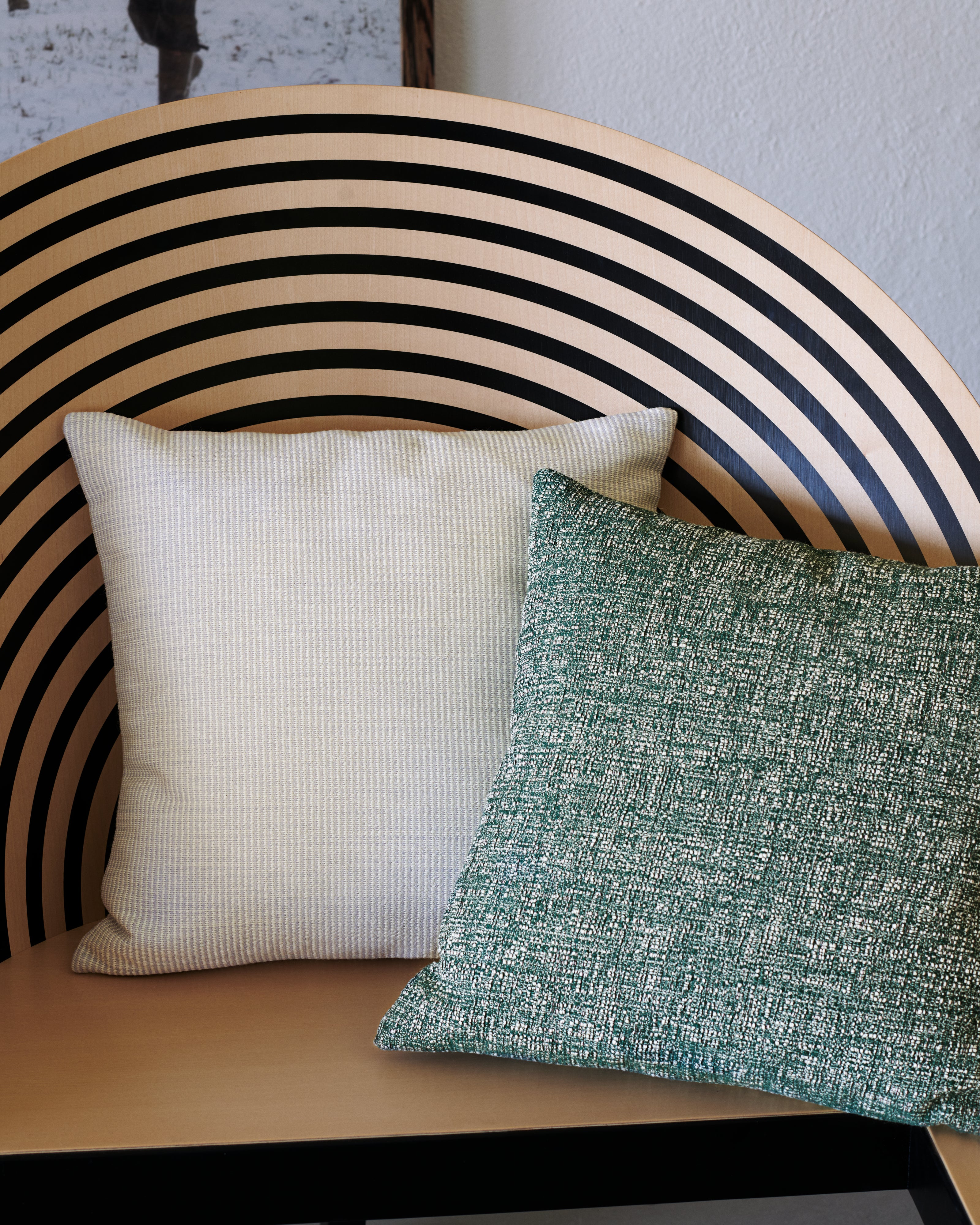Kvadrat Raf Simons cushion. Sonar Dark Green Cushion and Fuse White Cushion