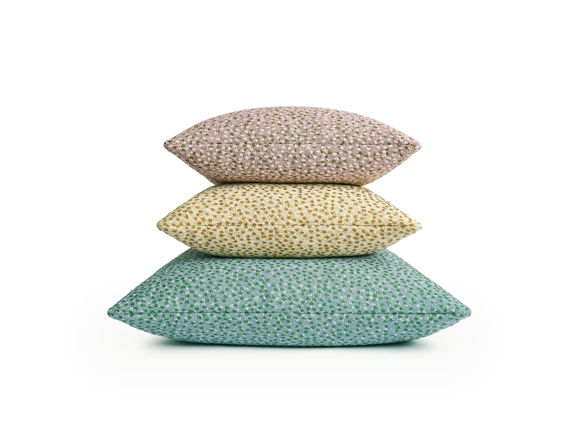Kvadrat Raf Simons Cushion stack. Ria Pink Greenn Ria Yellow and Ria Light Blue Green.
